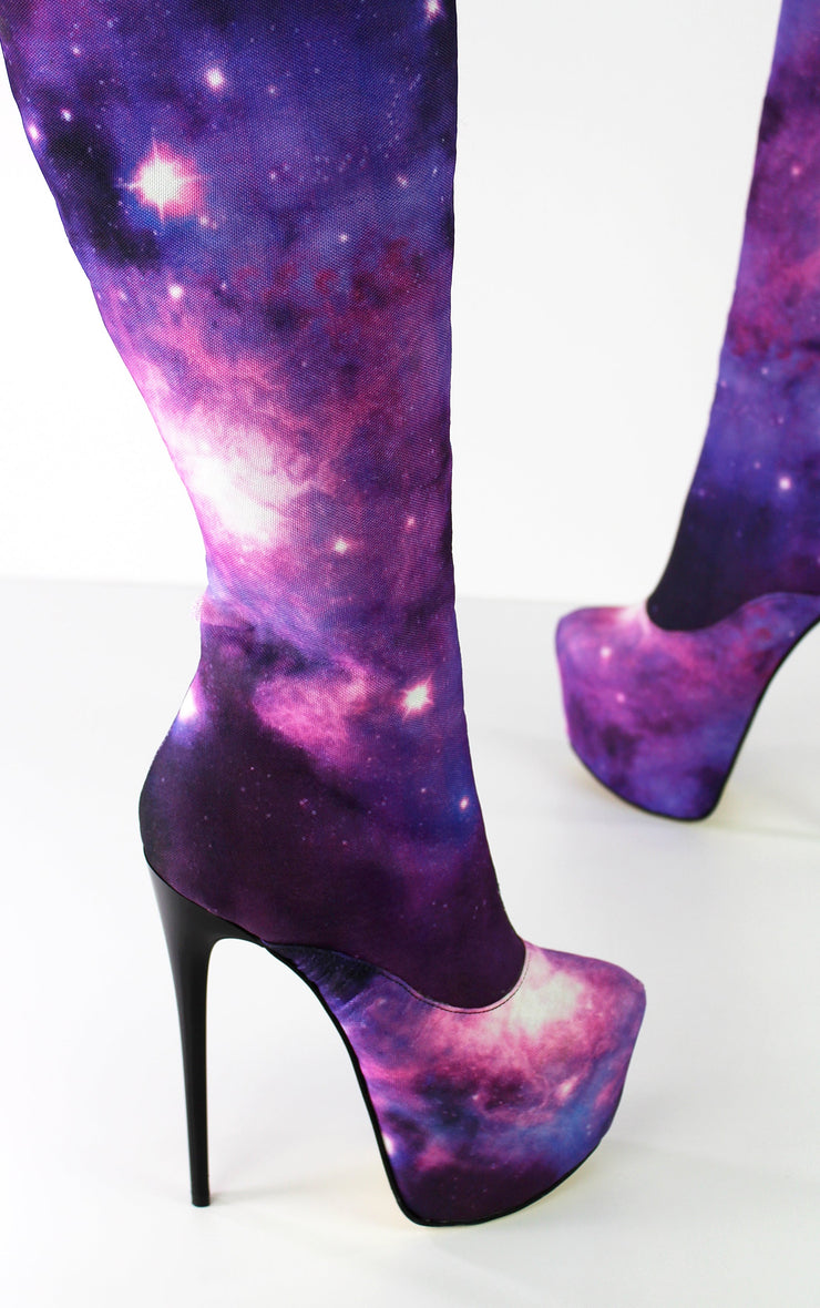 Purple Knee High Galaxy Heel Boots - Tajna Club