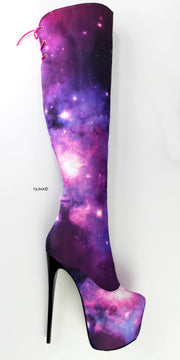 Purple Knee High Galaxy Heel Boots - Tajna Club