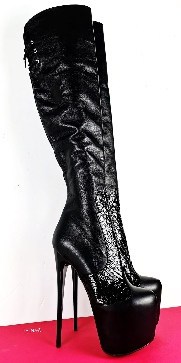 Genuine Leather Black Croco Over Knee Boots - Tajna Club