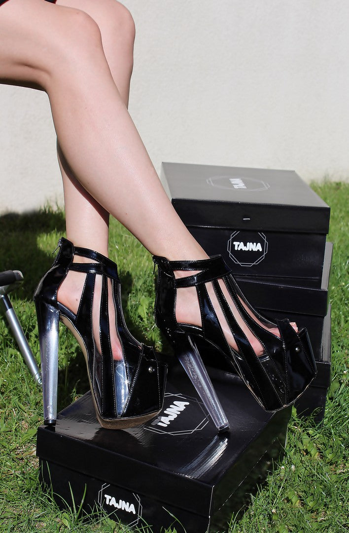 Black Stripe Transparent Peep Toe Glassy Heel Platforms - Tajna Club