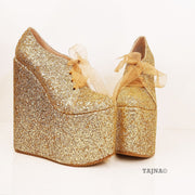 Gold Shinny Lace Up Shinny Wedge Platform Shoes - Tajna Club