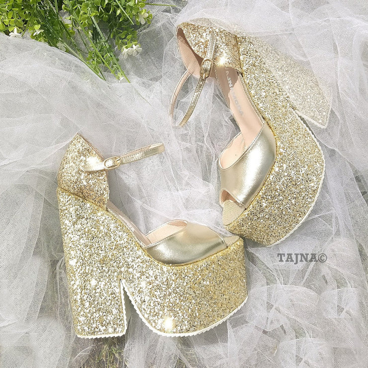Ankle Strap Gold Shimmer Platform Wedge Sandals - Tajna Club