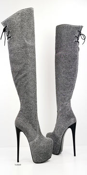 Grey Silver Shine Over Knee Heel Boots - Tajna Club