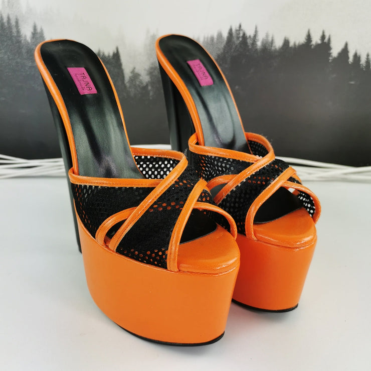 Matte Orange Black Spider Strap Mules - Tajna Club