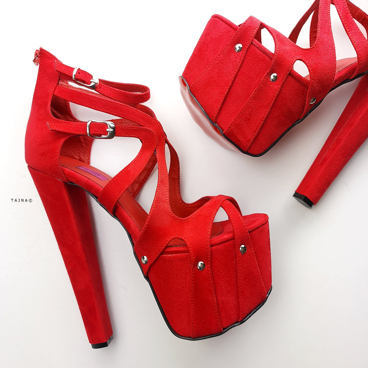 Ankle Cut Red Suede Cage Chunk High Heels Tajna Club