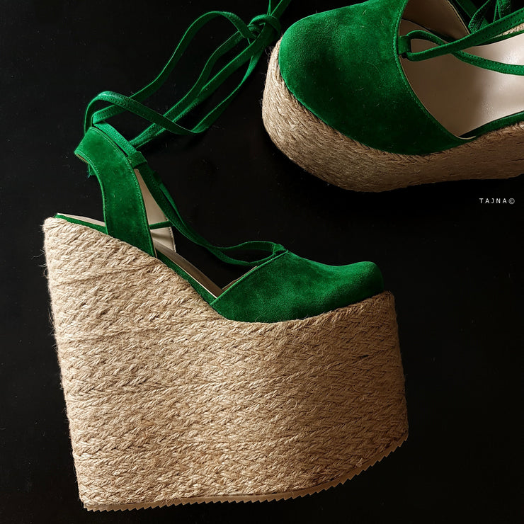 Green Espadril Lace Up Detail Wedge Platform Sandals