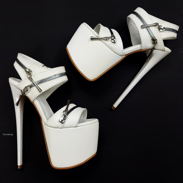 White Matte Zip Detail High Heel Sandals Tajna Club Shoes
