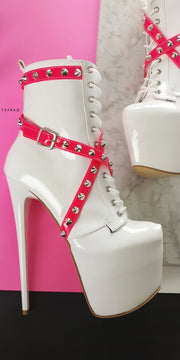 Hot Pink White Gloss Spike Studs High Heel Rocker Boots Tajna Club