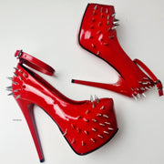 Red Gloss Spike Studded Ankle Strap Heels tajna Club Shoes