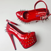 Red Gloss Spike Studded Ankle Strap Heels tajna Club Shoes