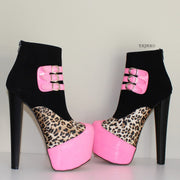 Fuschia Black Leopard High Heel Platform Ankle Boots - Tajna Club