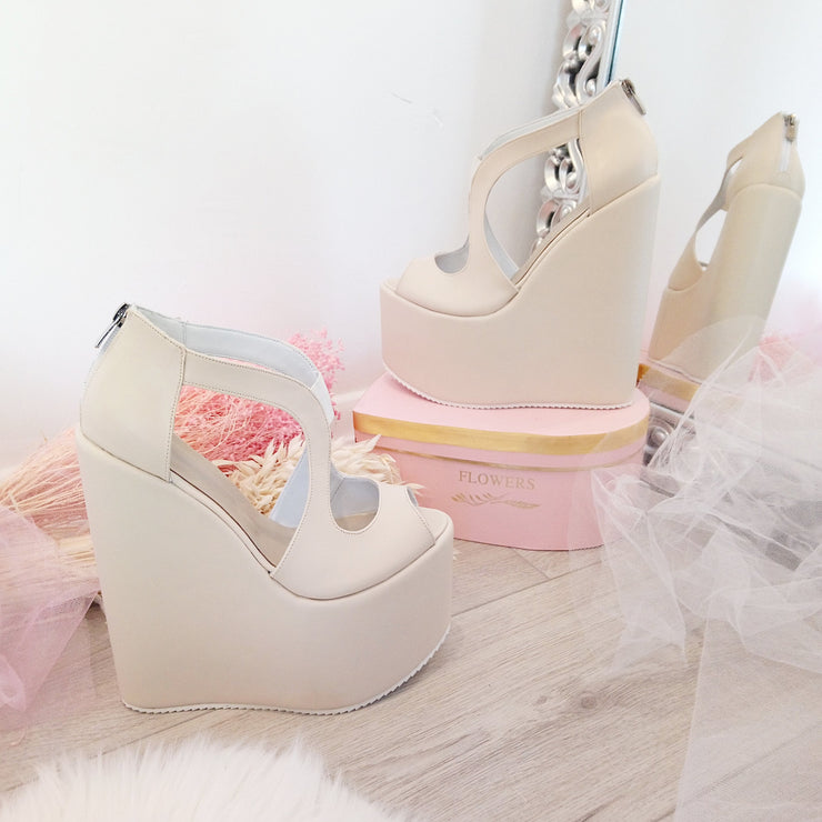 Cream Slit Design Bridal Platform Wedge Shoes - Tajna Club