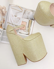 Gold Shiny High Heel Stylish Wedge Shoes - Tajna Club