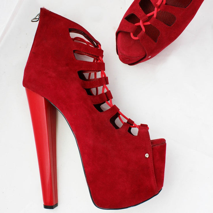 Red Suede Lace Up Gladiator Heels - Tajna Club