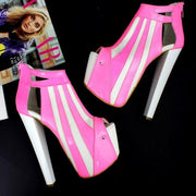 Neon Pink White Stripe Ankle Platform Heels - Tajna Club