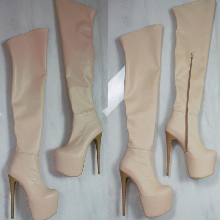 Cream Nude Knee High Platform Boots - Tajna Club