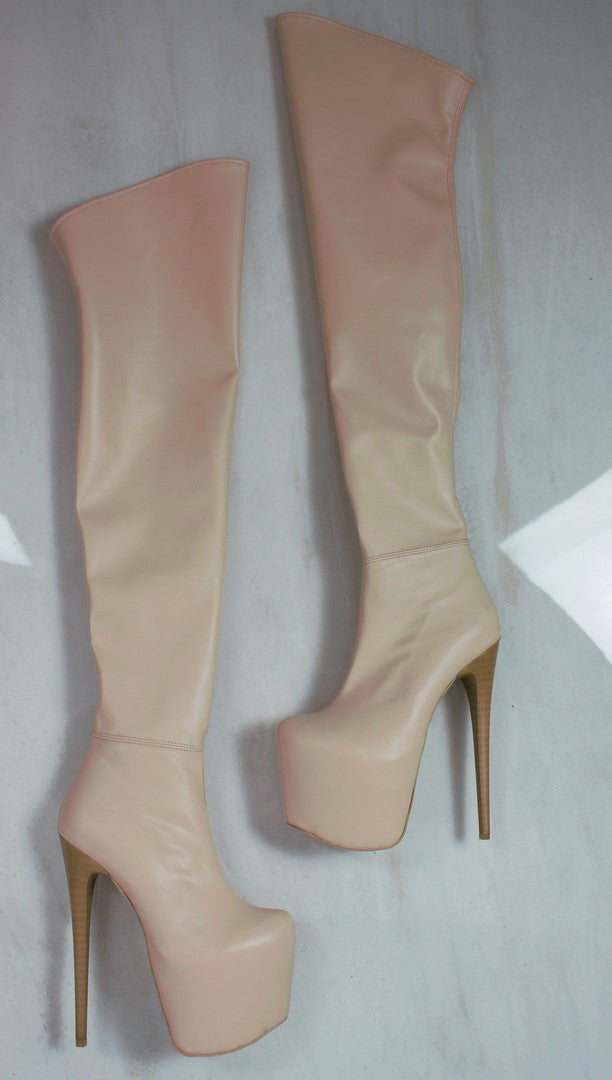 Cream Nude Knee High Platform Boots - Tajna Club