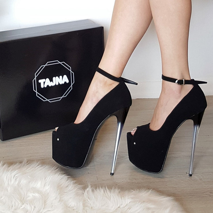 Black Faux Suede Ankle Strap 19 cm Glassy Heel Platforms - Tajna Club