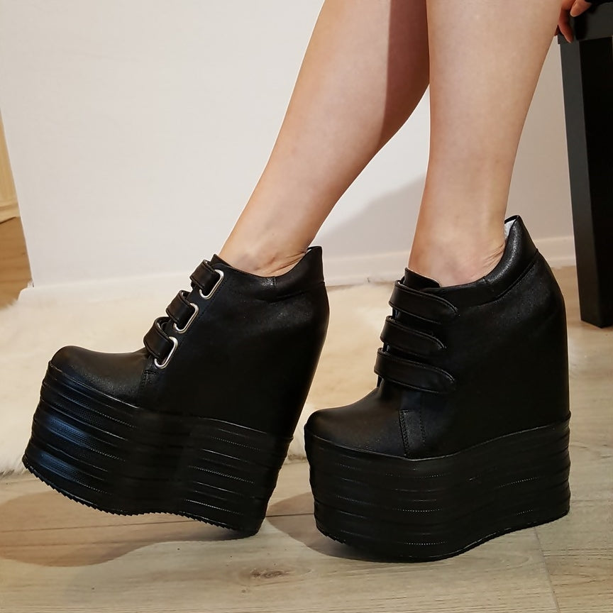 Black Hook Pile Sport High Heel Wedge Platform Shoes | Tajna Shoes