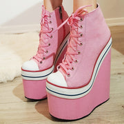 Pink Lace Up Sport High Heel Wedge Platform Booties - Tajna Club