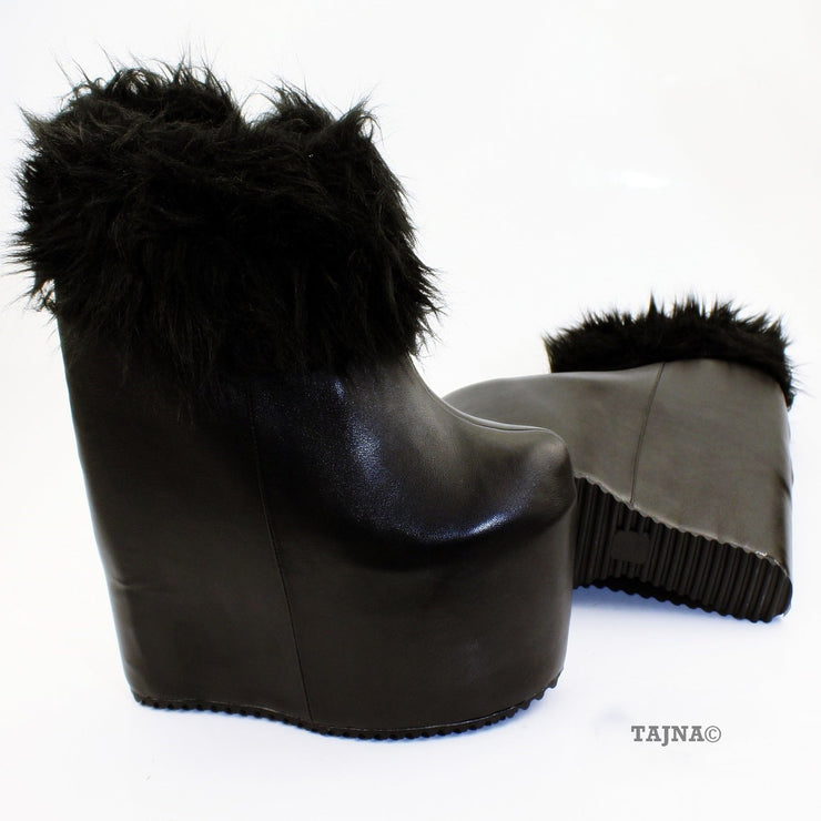 Black Fur Platform Hidden Platform Wedge Boots - Tajna Club