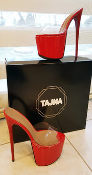 Red Transparent Strap High Heel Platform Mules - Tajna Club