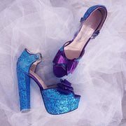 Blue Glitter Heel Platform Shoes - Tajna Club