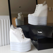 White Lace Up Sport High Heel Wedge Platform Shoes - Tajna Club