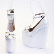 Ivory White Ribbon Wedding High Heel Platform Wedge Shoes - Tajna Club