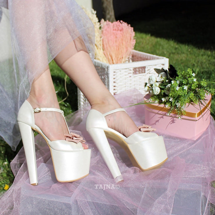 Ivory White Pink Ribbon High Heel Platform Bride Shoes - Tajna Club