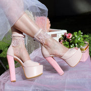 Powder Pink Lace High Heel Platform Bride Shoes - Tajna Club