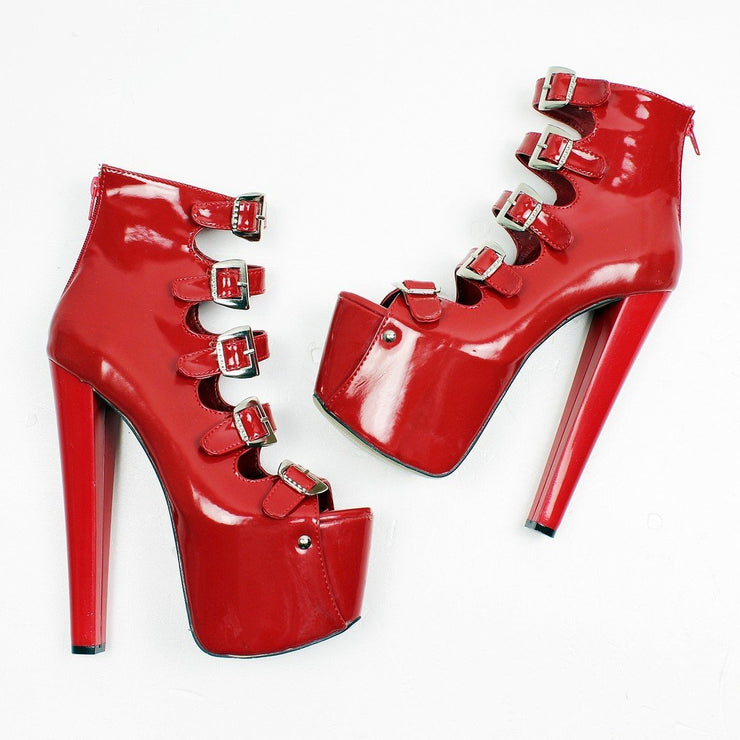 Red Patent Multi Belted Ankle High Heels - Tajna Club
