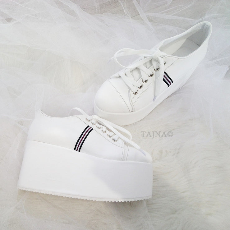 White Lace Up Sport Wedge Platform Shoes - Tajna Club