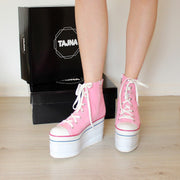 Pink Lace up Wedge Heel Platform Sport Shoes - Tajna Club
