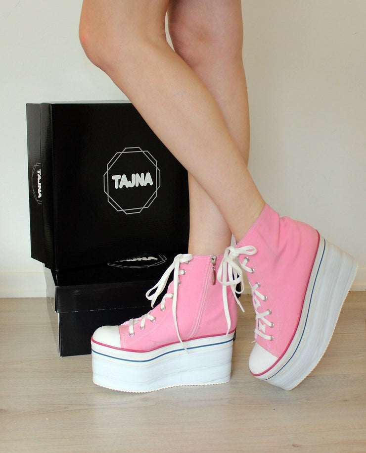 Pink Lace up Wedge Heel Platform Sport Shoes - Tajna Club