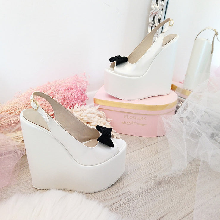 Bridal Ivory White Black Ribbon Peep Toe Wedge Shoes - Tajna Club