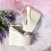 Ivory White Ribbon Ankle Strap Wedge Bridal Shoes - Tajna Club