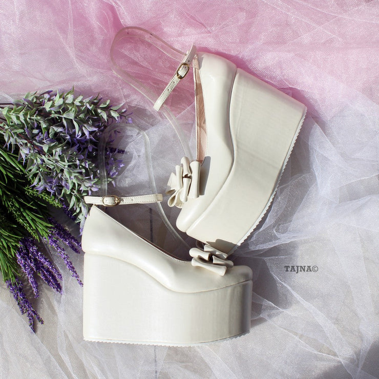 Ivory White Ribbon Ankle Strap Wedge Bridal Shoes - Tajna Club