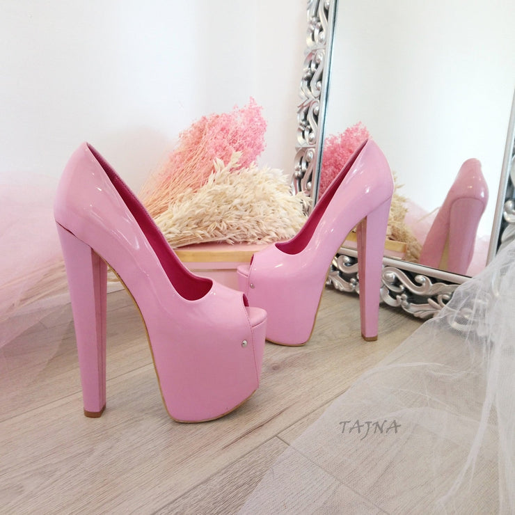 Peep Toe Pink Patent Leather 19 cm High Heel Platform Shoes - Tajna Club