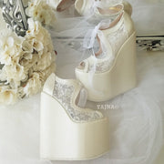 Ivory Lace 18-22 cm Super High Heel Wedding Shoes Wedges - Tajna Club