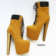 Lace Up Camel High Heel Platform Boots - Tajna Club