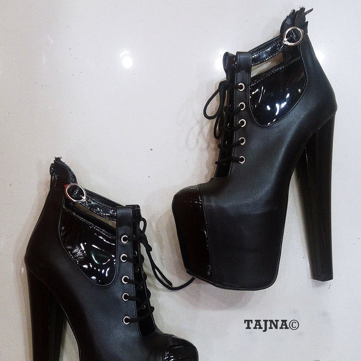 Lace Up Black Ankle High Heel Platform Booties - Tajna Club