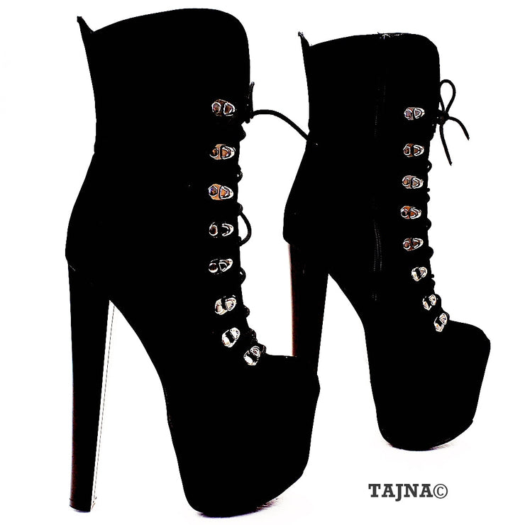 Lace Up Black Faux Suede High Heel Platform Boots - Tajna Club
