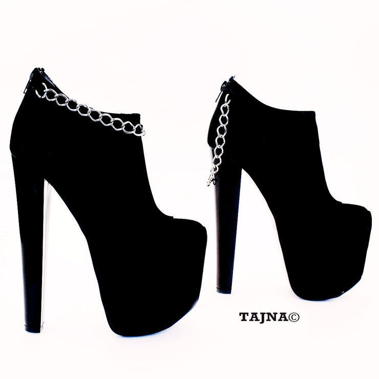 Chain Black Faux Suede Platform Ankle Booties - Tajna Club