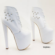 White Lace Up Pinned Ankle High Heel Platform Booties - Tajna Club