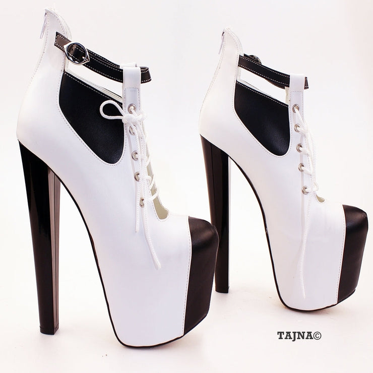White Black Ankle High Heel Platform Booties - Tajna Club