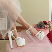 White Lace Ankle Strap High Heel Platform Bride Shoes - Tajna Club