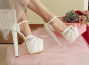 White Lace Ankle Strap High Heel Platform Bride Shoes - Tajna Club