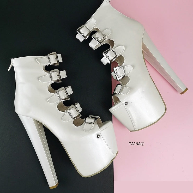 Ivory White Multi Belted High Heels - Tajna Club