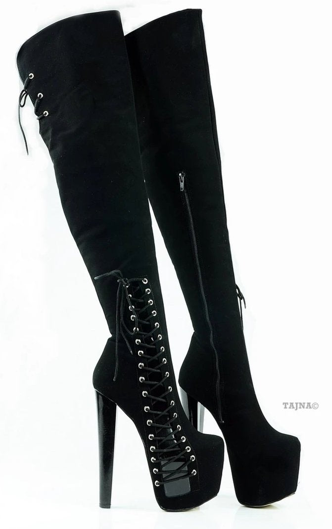 Black Suede Over Knee High Corset Boots - Tajna Club